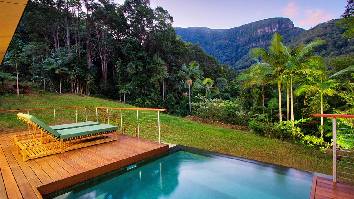 Springbrook Lodge, a Luxury Mountain Vierw Lodge, has a direct view of Mount Springbrook over its heated plunge pool