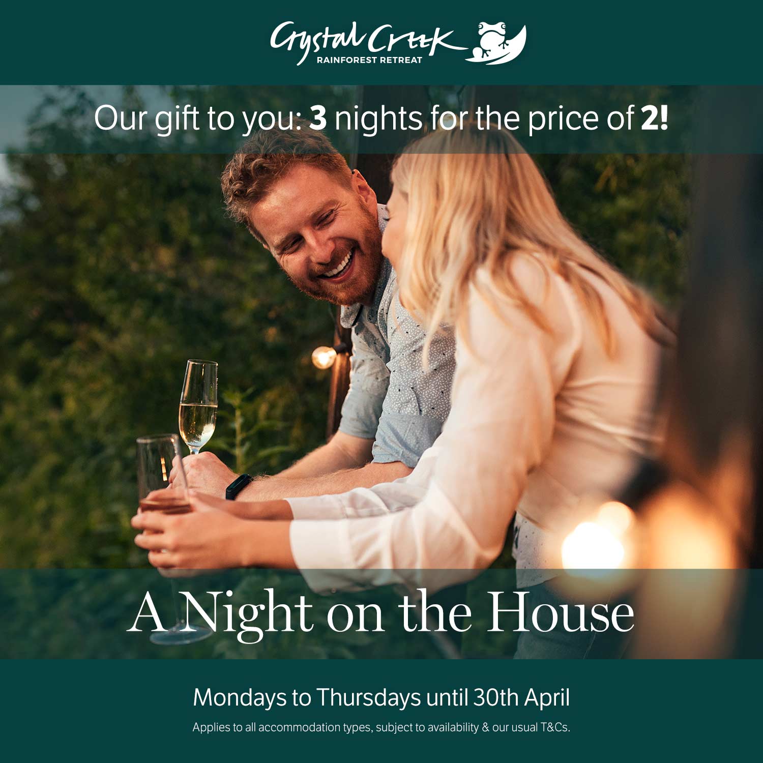 A Night on the House – stay 3 nights, pay for only 2! Weeknights only, until 30th April 2025