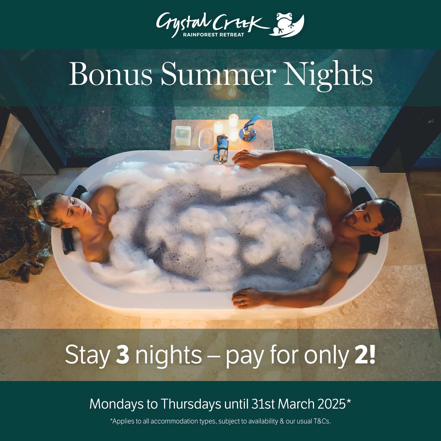 Bonus Summer Nights – stay 3 nights, pay for only 2! Weeknights only, until 31 March